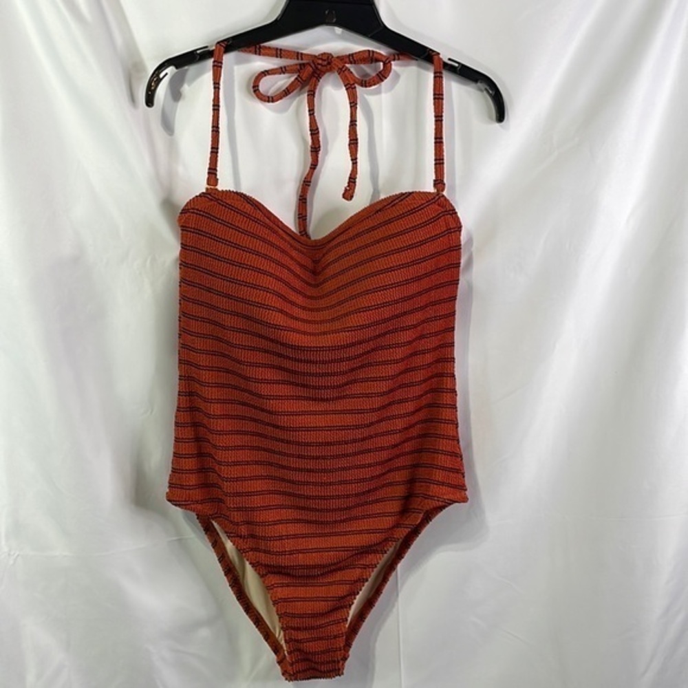 Kona Sol black and rust striped pucker fabric one piece.